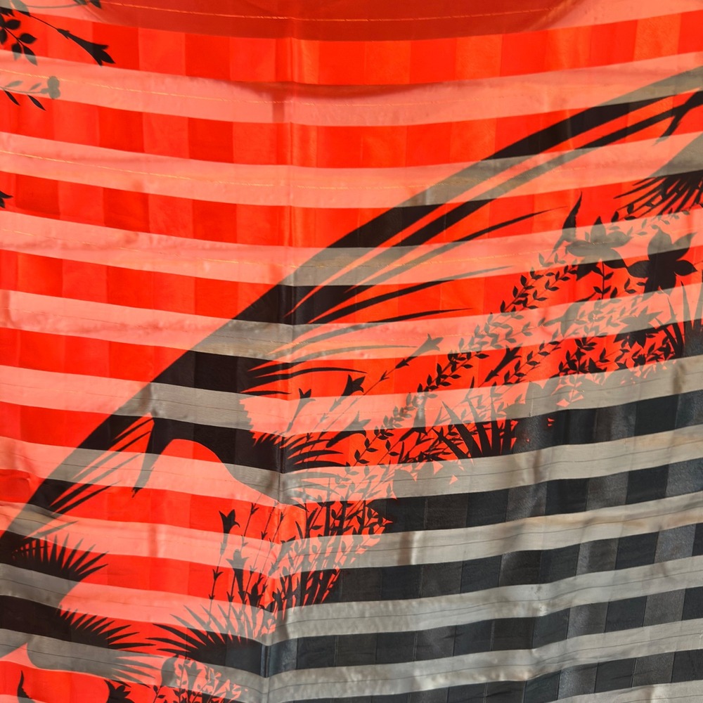 Sunkyung SA Scarf Orange Black Grey Striped Bird Floral Silk Blend 31" Square - Picture 2 of 4